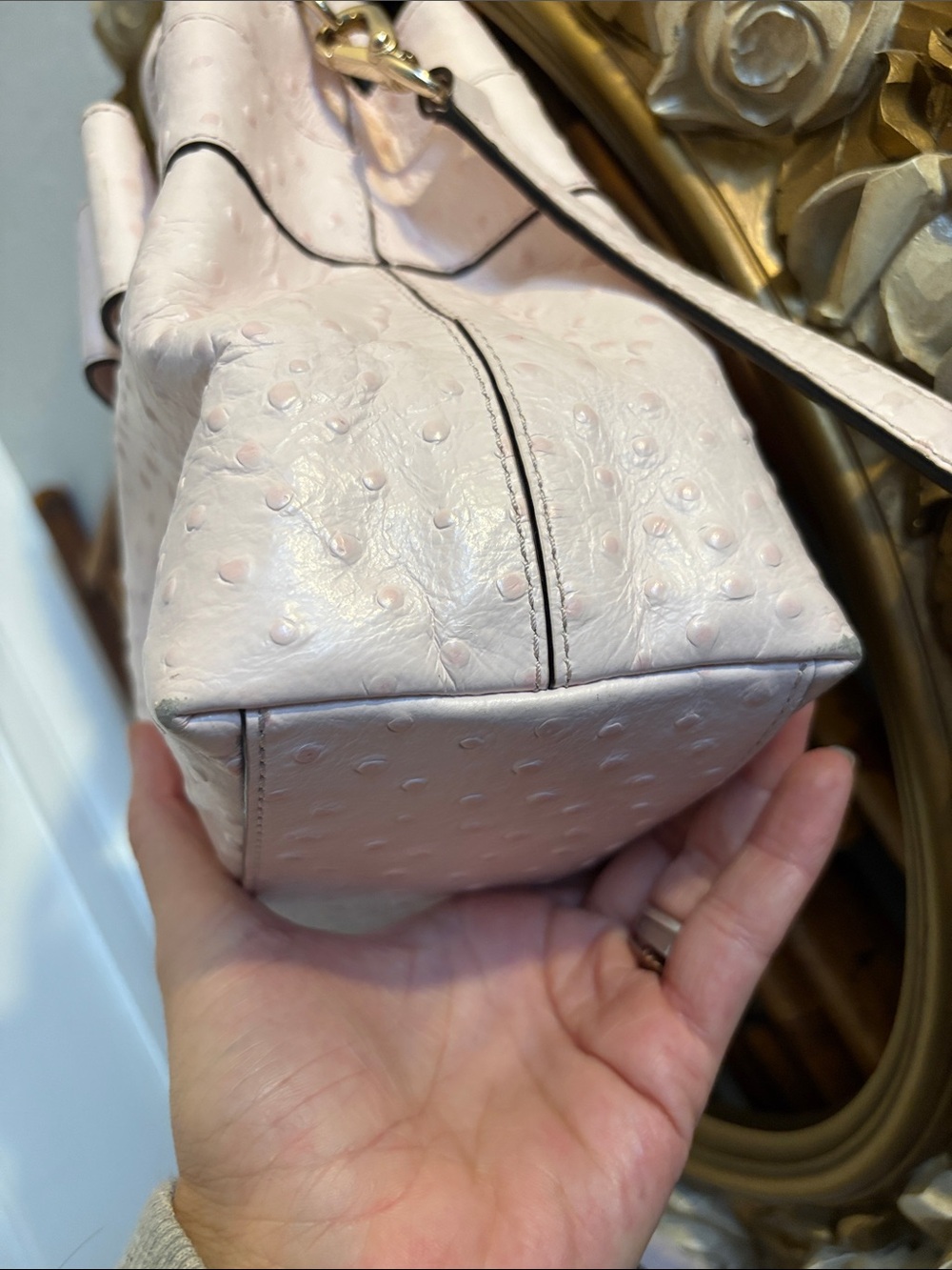 Blush Pink Ostrich-Texture Bow Satchel Handbag - Picture 5 of 10